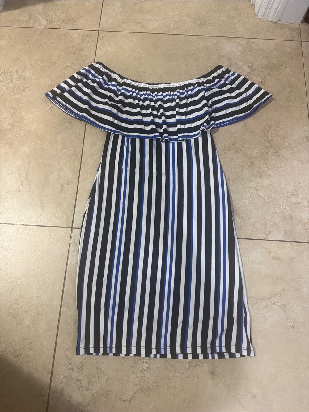 Trina Turk Black, White & Blue Striped Off-Shoulder Kids Dress